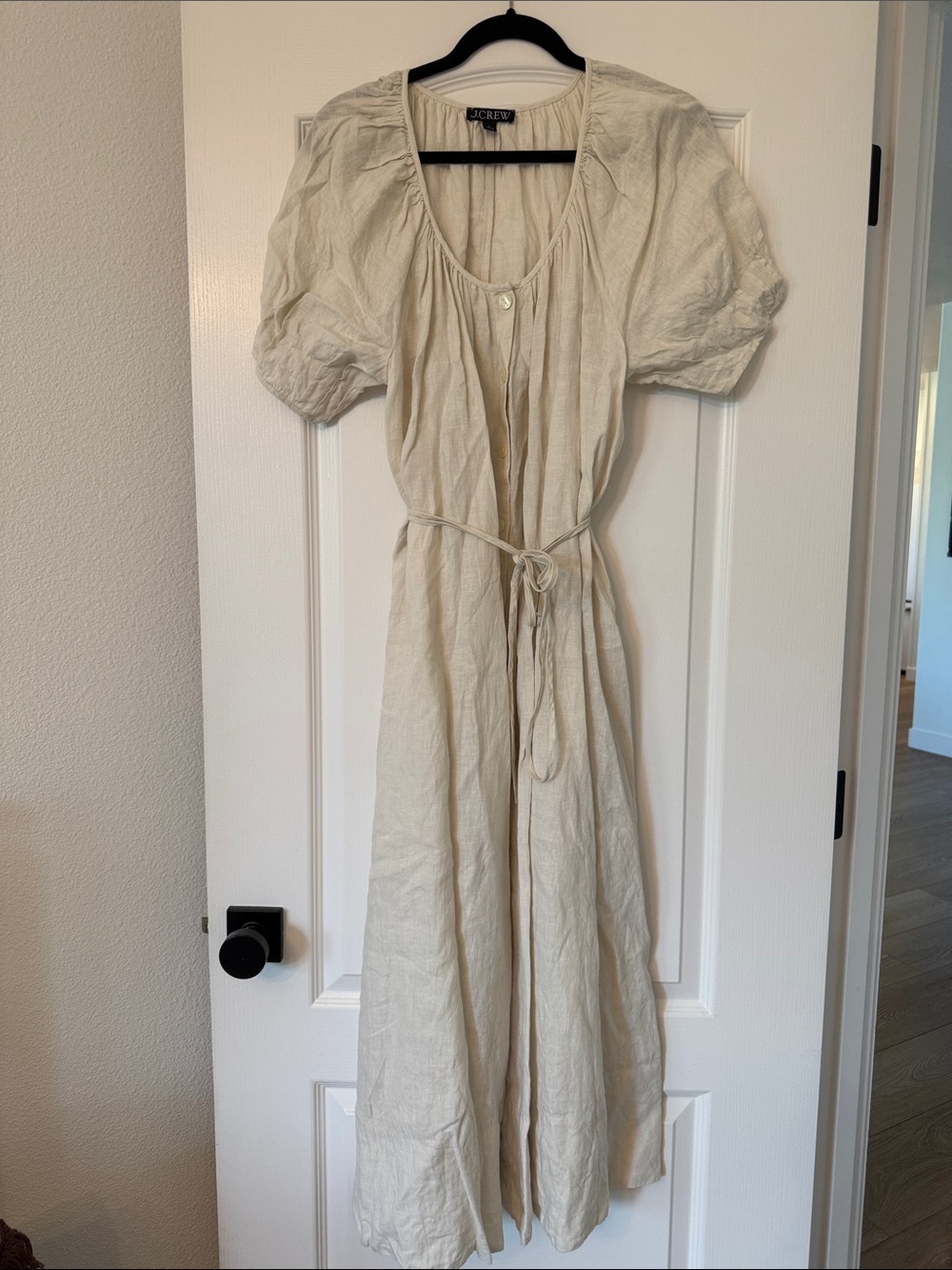 J. Crew Cream Puff-Sleeve Linen Dress with Waist Tie Shea McGee